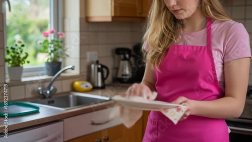 Young Woman Drying Dish in Kitchen with Apron