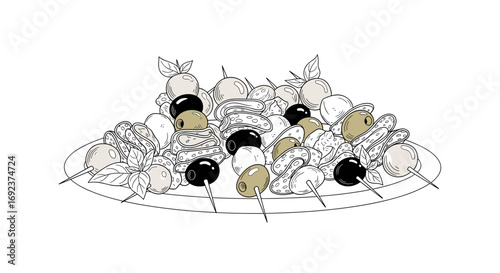 Plate of appetizer skewers in hand-drawn colored illustration