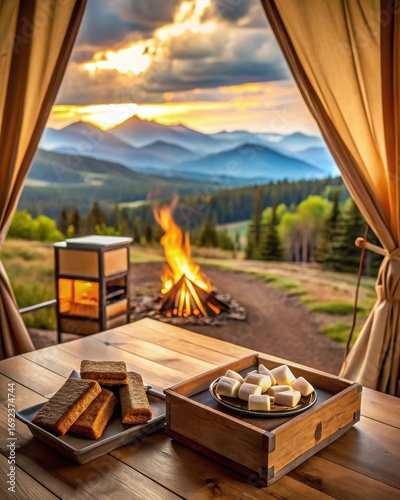 Photo of a cozy campsite with a campfire viewed through tent curtains, with a table of cookies and marshmallows against a mountain landscape.