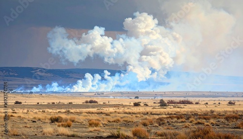 Smoke billows from a large fire across arid plains beneath a stormy sky.