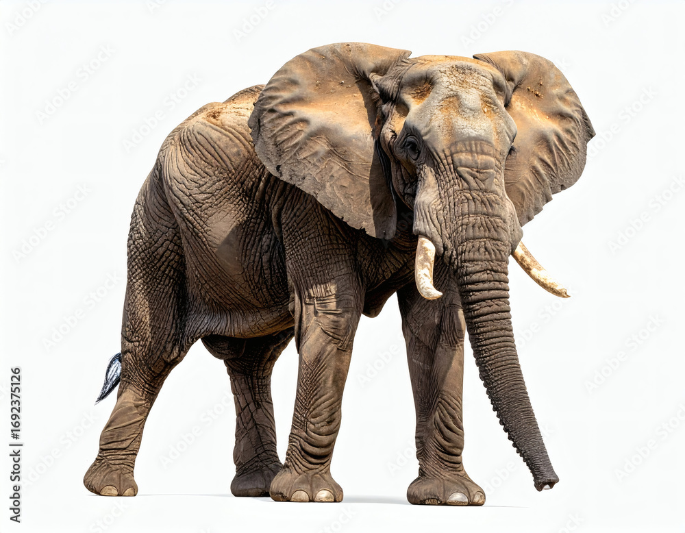Fototapeta premium A majestic African elephant with large tusks stands powerfully against a clean white background, showcasing its incredible size and strength