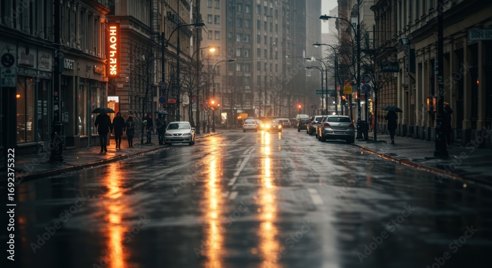 Obraz premium Wet city street after rain with car lights reflecting on pavement