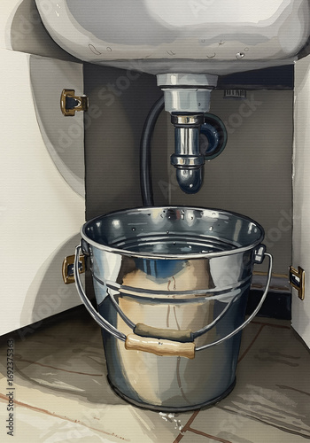 Bucket catching water from leak under sink in bathroom concept of plumbing  