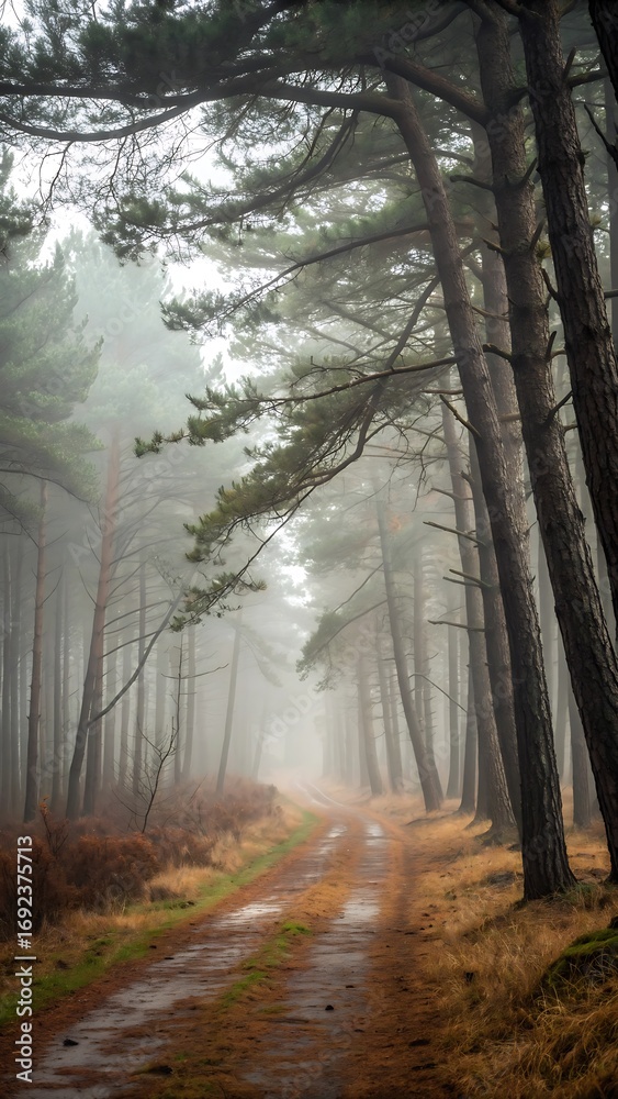 Fototapeta premium A tranquil dirt path winds through a misty, evergreen forest with tall pine trees reaching towards the overcast sky, creating a serene natural landscape
