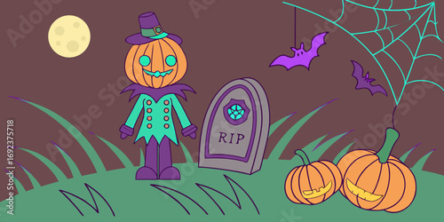 Scarecrow with Pumpkin Lanterns and Violet Webs