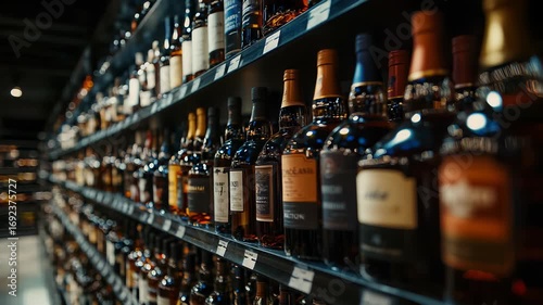 Liquor Store Shelf Displaying Rows of Whiskey Bottles, Featuring Various Brands and Labels in a Supermarket Aisle