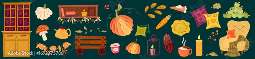 Autumn clipart with chalk texture. Cozy cottagecore autumn design for thanksgiving season with pie, pumpkin and fireplace