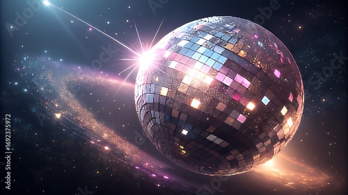 Cosmic disco ball reflecting light in outer space
