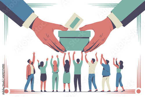 Hands placing ballot in box above crowd with raised arms in illustration about voting process