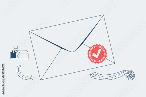 An envelope with a red check mark and a mailbox with an arrow trail on a light background design art