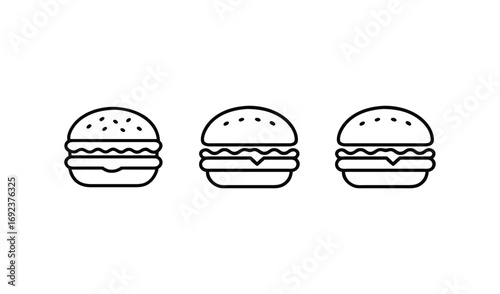 Three simple outline icons of cheeseburgers on a white background
