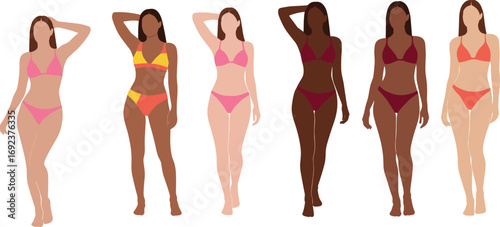 Illustration of diverse women wearing colorful bikinis, standing confidently, showcasing body positivity, beauty, fashion, summer vibes, diversity, and empowerment.
