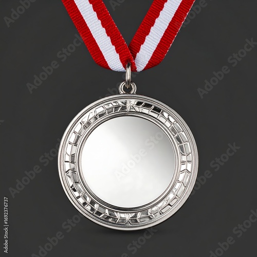 Silver medal with red and white ribbon