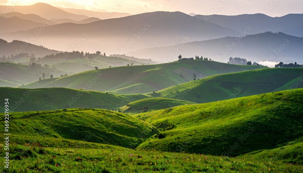 Fototapeta premium Green rolling hills under misty mountains