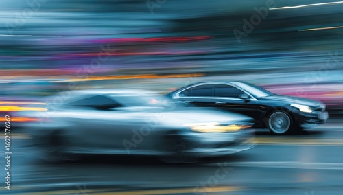 Blurred cars on a city street at night