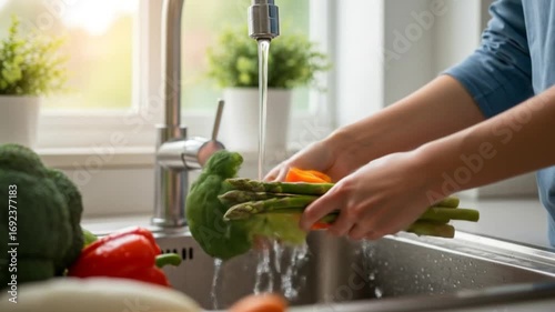 Person Washing Fresh Vegetables in Kitchen Sink with Running Water