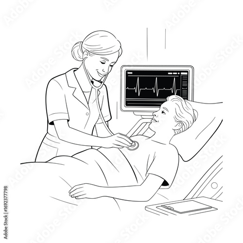 Nurse performing echocardiogram on patient demonstrates cardiac health monitoring procedure white background