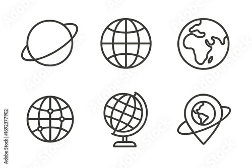 Collection of black globe and planet icons on white background