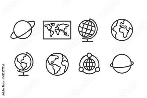 Outline icons of globe, map, and planet illustrations for geography concepts