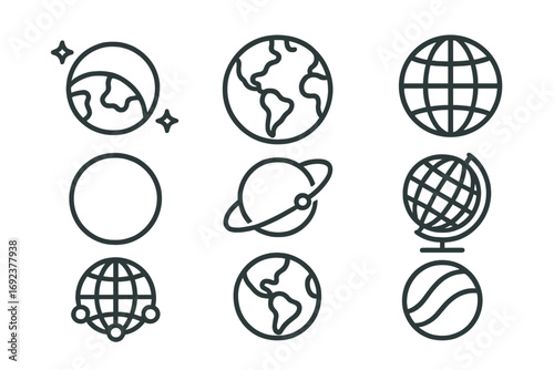Set of minimal earth and globe icons in various styles