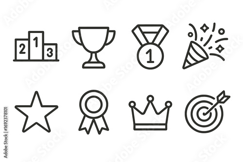 Outline icons of trophy, podium, medal, celebration, star, ribbon, crown, and target