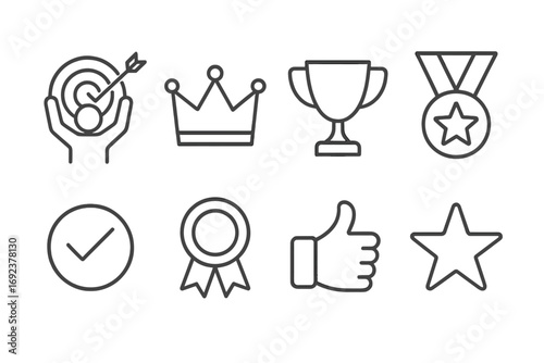 Achievement icons: target, crown, trophy, medal, checkmark, ribbon, thumbs up, star