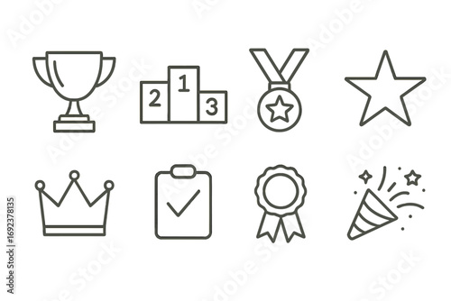 Line art icons of trophy, podium, medal, star, crown, checklist, ribbon, and party popper
