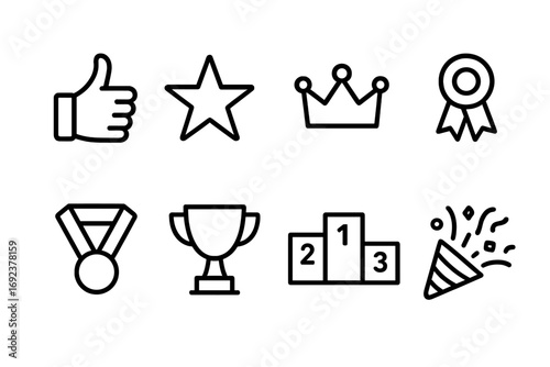 Award symbols: thumbs up, star, crown, ribbon, medal, trophy, podium, celebration icon set