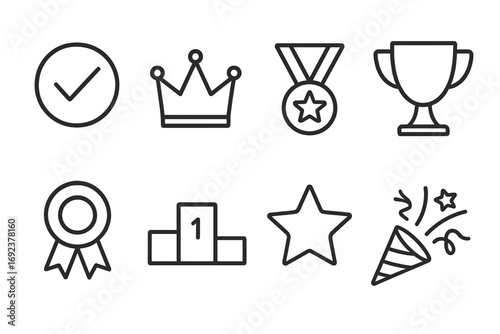 Award and achievement icons: crown, medal, trophy, ribbon, podium, star, celebration