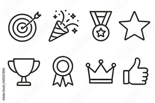 Icon set featuring target, celebration, medal, star, trophy, ribbon, crown, thumbs up
