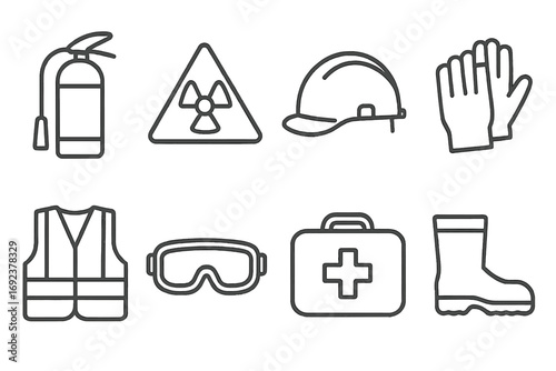 Safety equipment icons: fire extinguisher, hard hat, goggles, first aid kit, safety boots