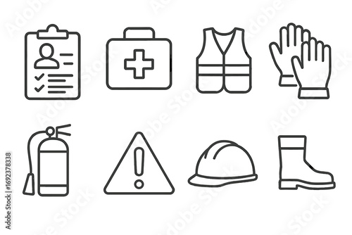 Essential safety equipment icons: first aid, hard hat, vest, gloves, boots, extinguisher, warning sign