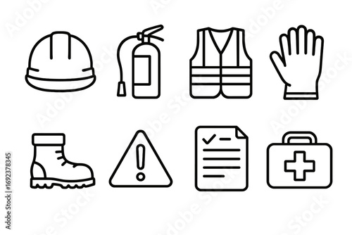 Essential safety equipment icons: helmet, fire extinguisher, vest, gloves, boots, warning, document, first aid kit