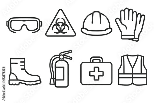 Safety equipment icons set: goggles, biohazard sign, hard hat, gloves, boots, fire extinguisher, first aid kit, vest