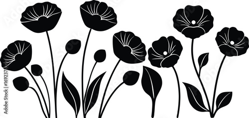 Delicate silhouette poppies flowers art design element blooming nature