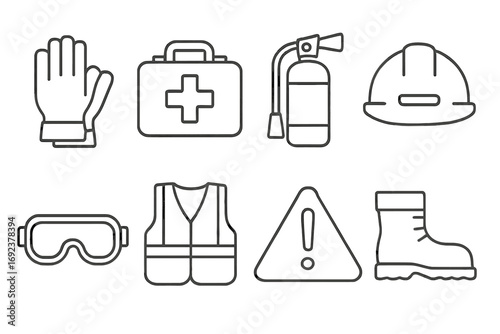 Safety equipment icons set: gloves, first aid, extinguisher, helmet, goggles, vest, sign, boots