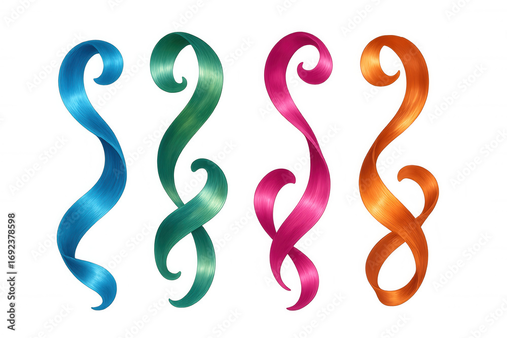 Naklejka premium Four colorful hair strands flowing and swirling on a transparent background, creating a dynamic and vibrant visual