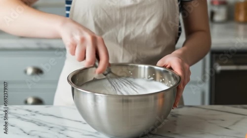 Woman Whisking Cream in Bowl in Bright Kitchen