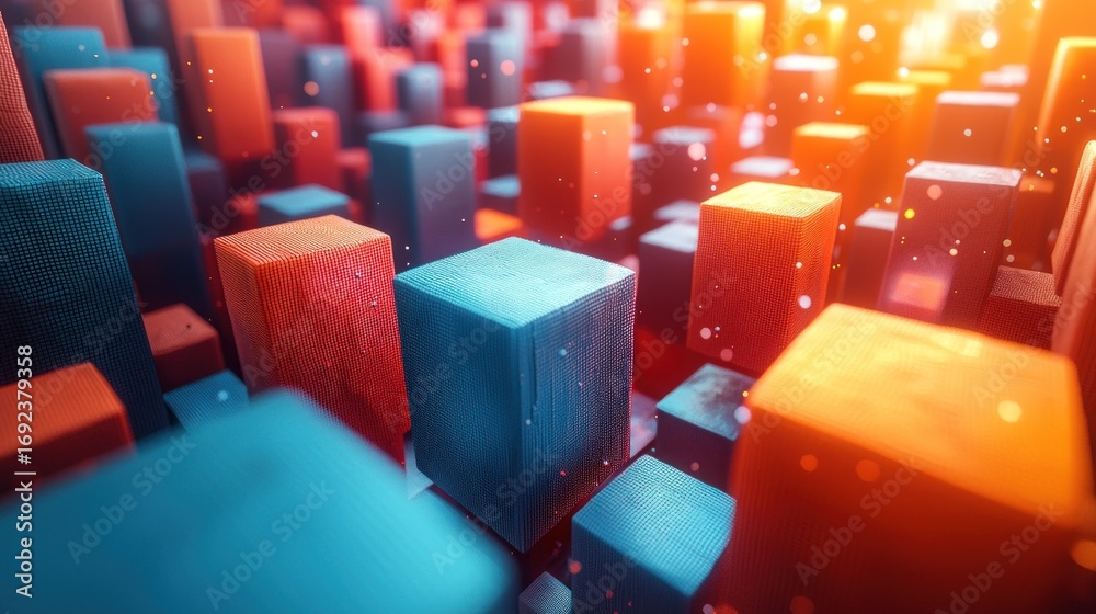 Fototapeta premium Abstract 3D render of colorful cubes, glowing particles, and depth of field.