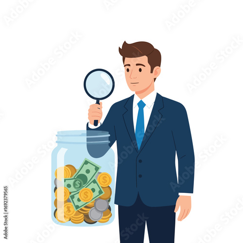Financial analysis and investment concept featuring a businessman using a magnifying glass to inspect his growing savings in a money jar