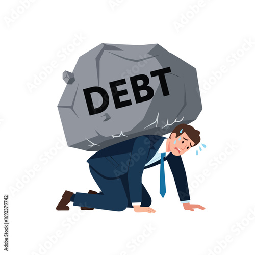 Conceptual illustration of a stressed businessman being crushed under the heavy burden of a rock representing overwhelming financial debt