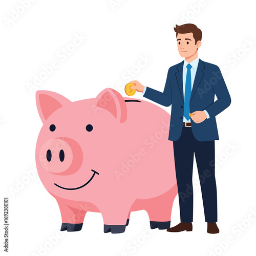 Businessman in a suit puts a gold coin into a large pink piggy bank, a concept for savings, investment, and financial planning for future growth