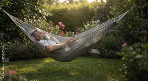 Man relaxes in hammock, enjoying nature with cellphone on sunny day