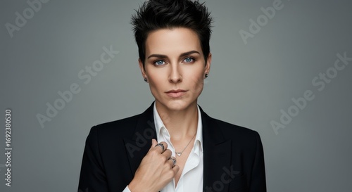 Confident woman in suit with short hair looking at camera intently