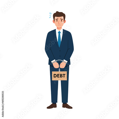 A distressed businessman shackled by the heavy burden of debt, feeling stressed and hopeless. Metaphor for financial imprisonment, bankruptcy, and economic crisis