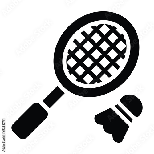 Clean black and white illustration of a badminton racket with shuttlecock. Minimal line style, ideal for fitness, competition, exercise, and sport activity concepts.