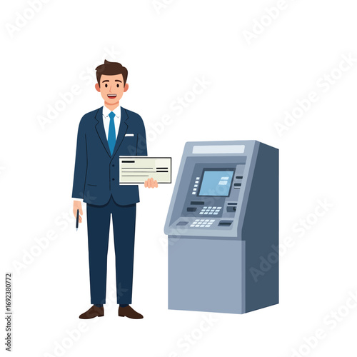 Professional businessman in a formal suit depositing a financial check at an automated teller machine. Banking and finance concept vector illustration