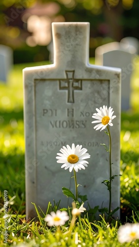 Grave marker with daisies