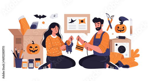 A creative couple sitting together making handmade Halloween costumes and decorations. EPS Editable