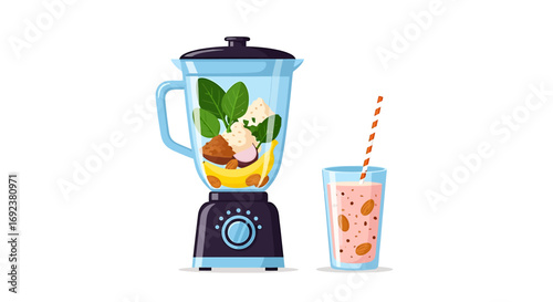 A blue blender with ingredients for a healthy smoothie and a glass of the finished pink almond beverage. EPS Editable